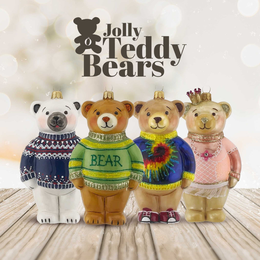 Collection of glass teddy bears to decorate the Christmas tree