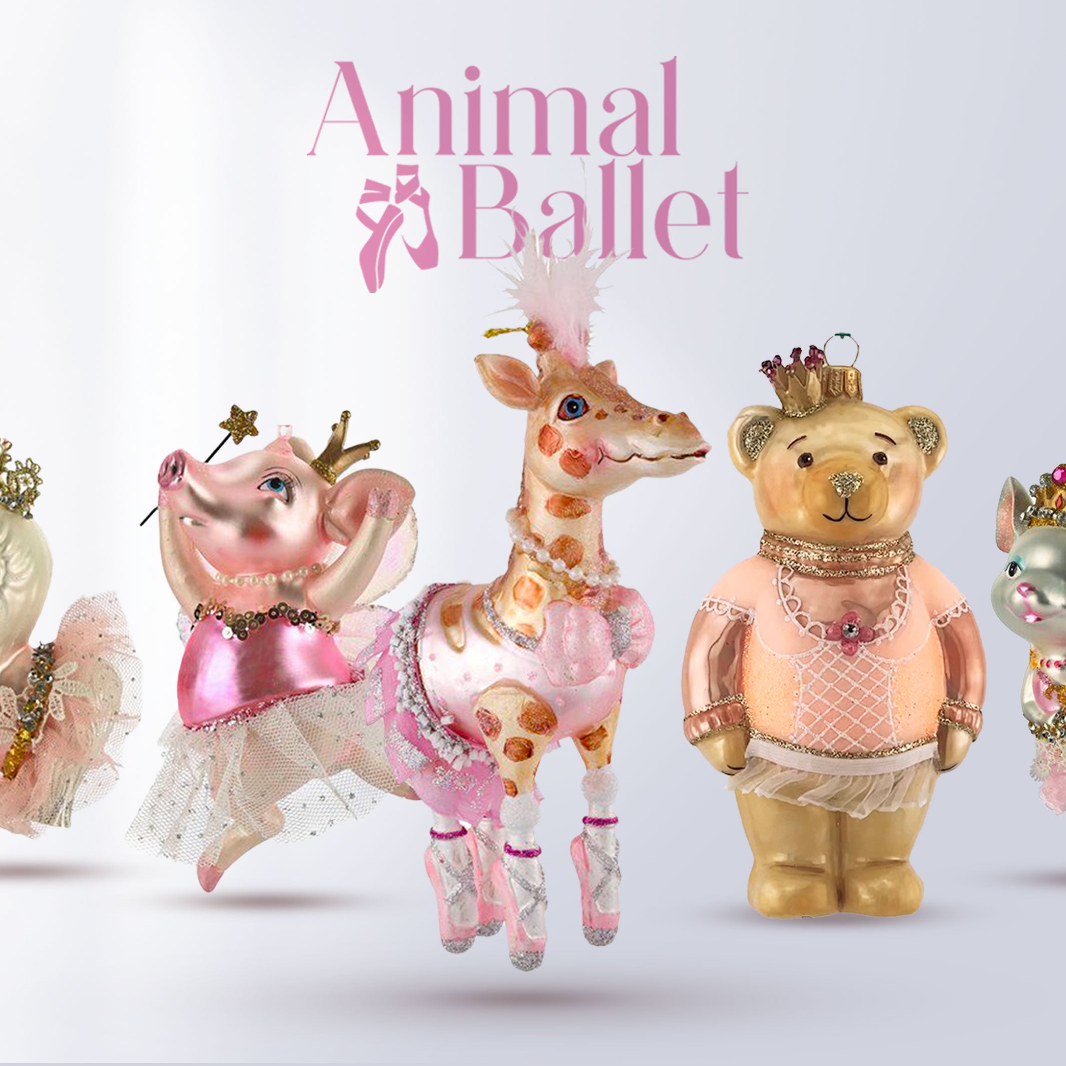 Collection of glass christmas decorations of dancing animals