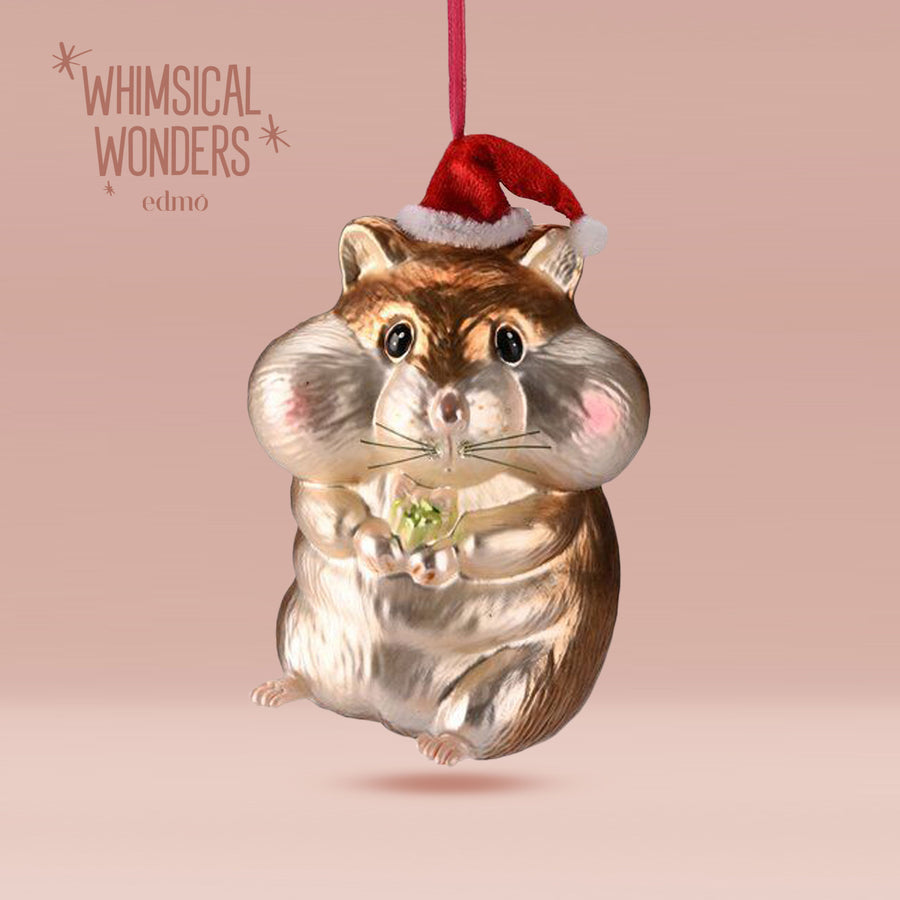 Hamster With Xmas Hat - Glass Ornament Handmade Handcrafted