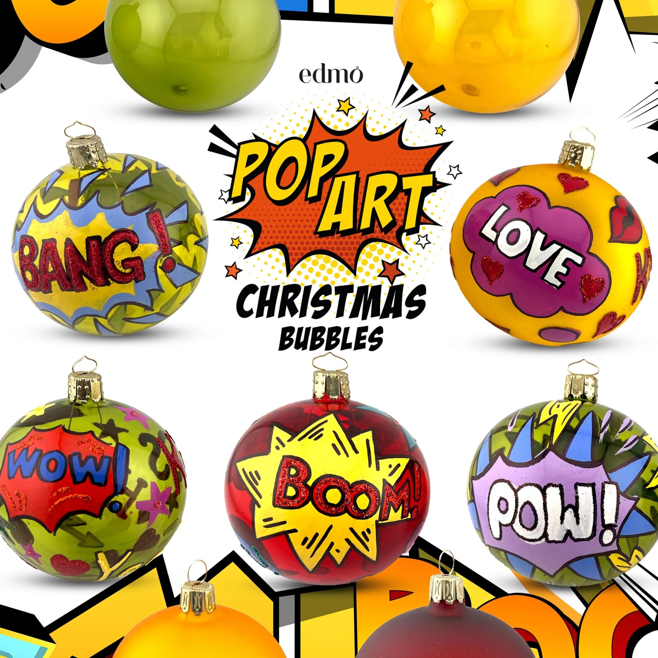 Christmas ornaments decorated with pop art designs and action words like "POW!" and "POP!"