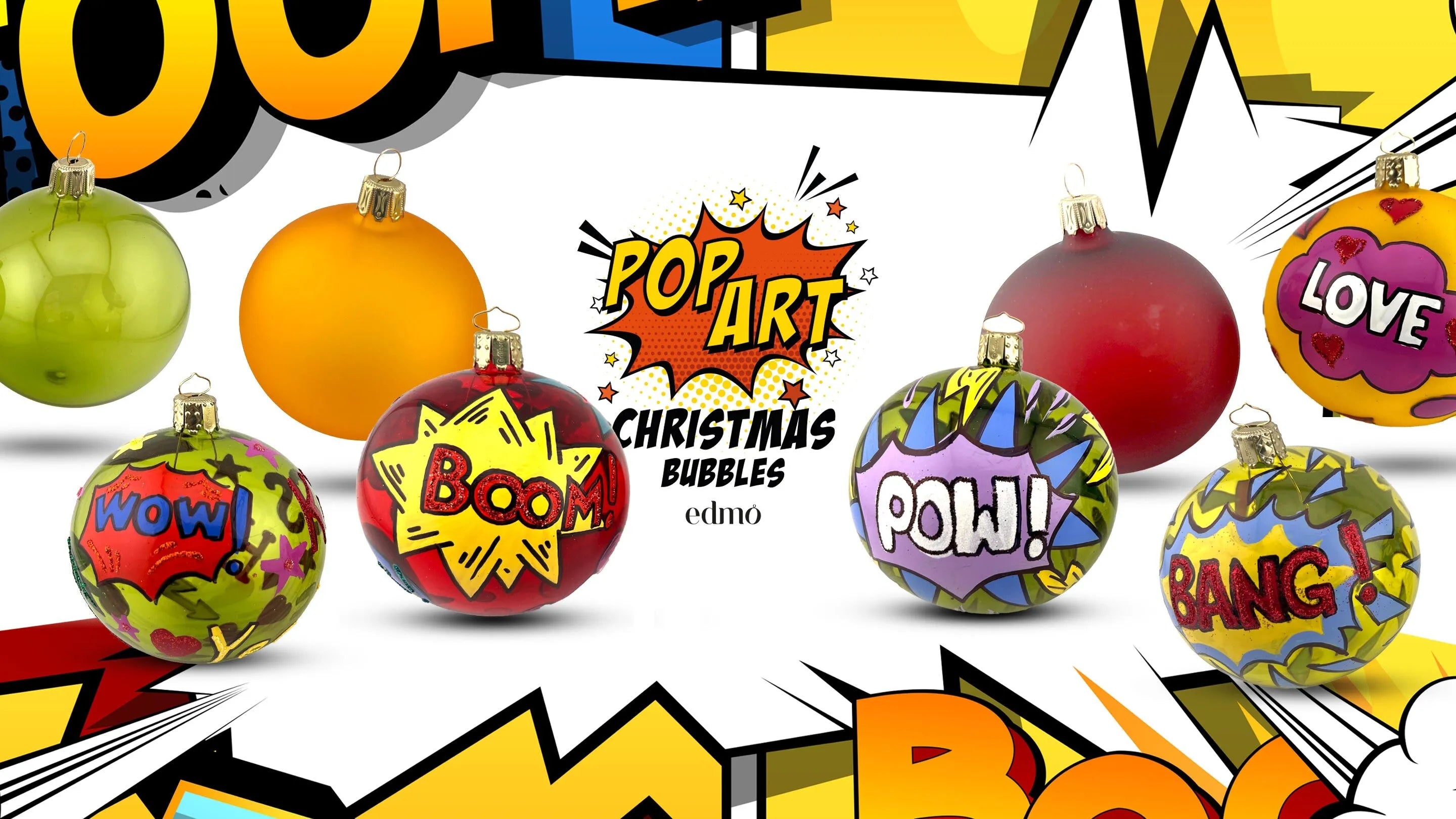 Christmas ornaments decorated with pop art designs and action words like "POW!" and "POP!"