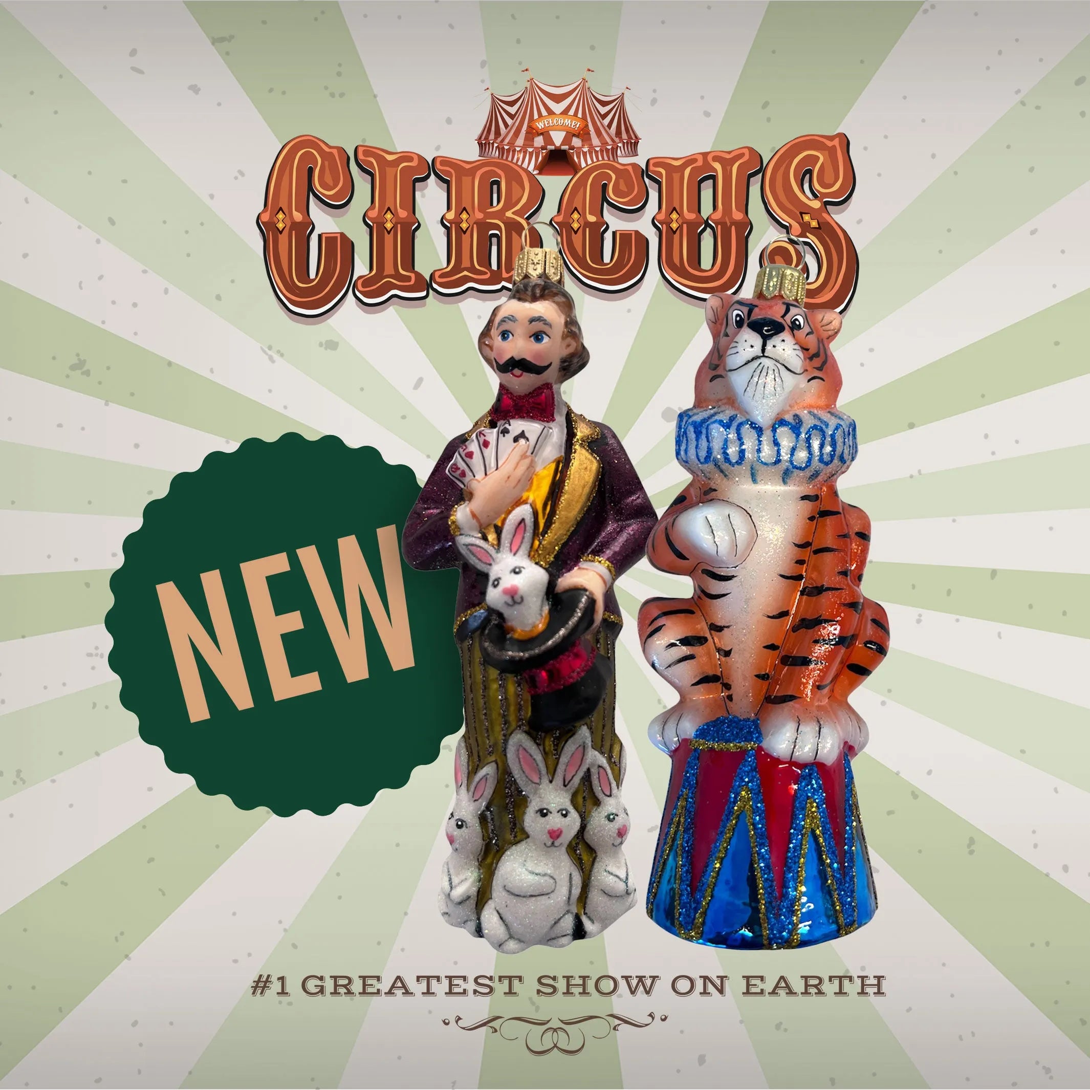 New hand-painted glass decorations from the Circus collection: majestic tiger on pedestal and magician pulling rabbits from top hat. European artisan glasswork with golden details and sparkling finishes. Exclusive collectible pieces.