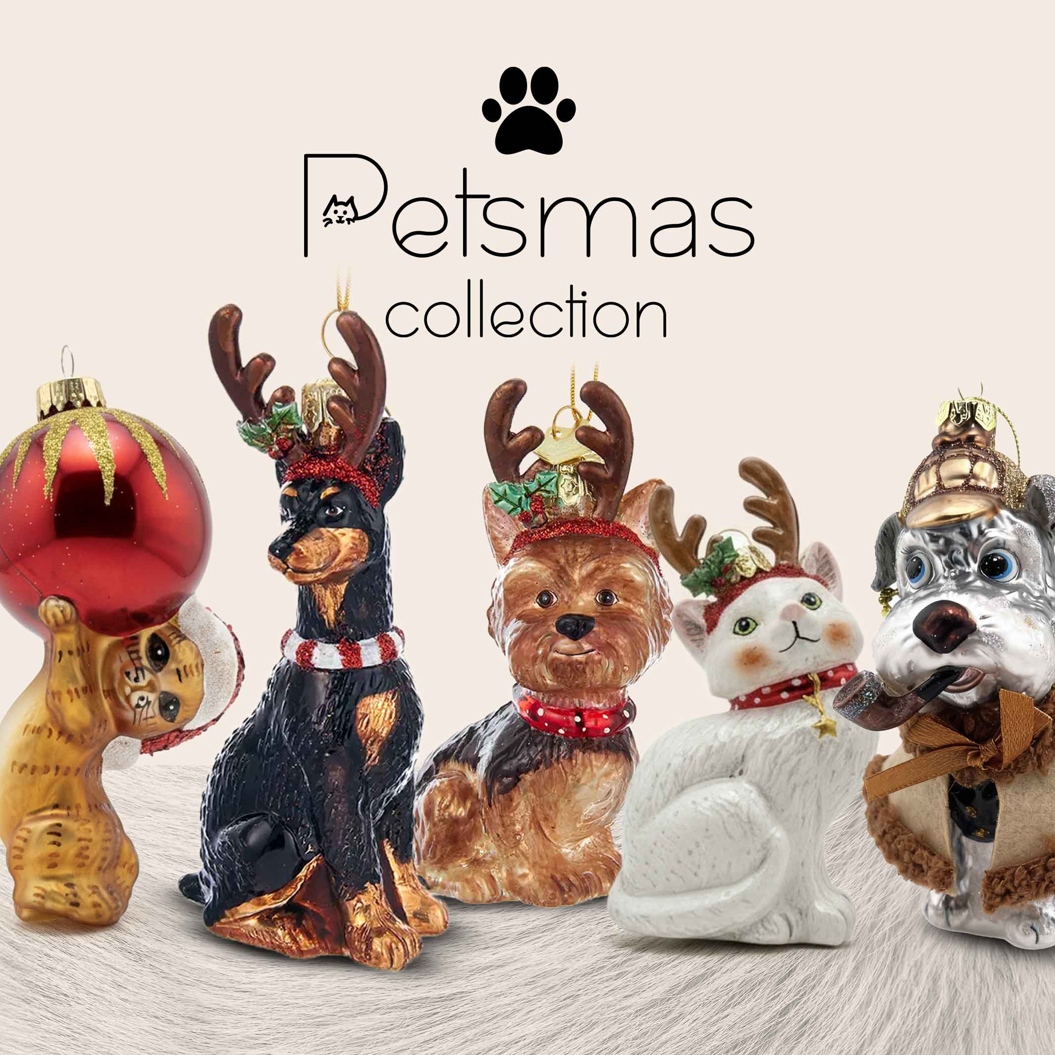 Handcrafted glass Christmas ornaments from the EdmoDecor Petsmas Collection, featuring adorable kittens and puppies, painted and decorated by hand, captured in a festive and elegant catalog-style photo.