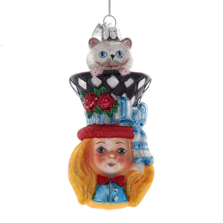 Front view of Alice in Wonderland hand-blown glass ornament head.