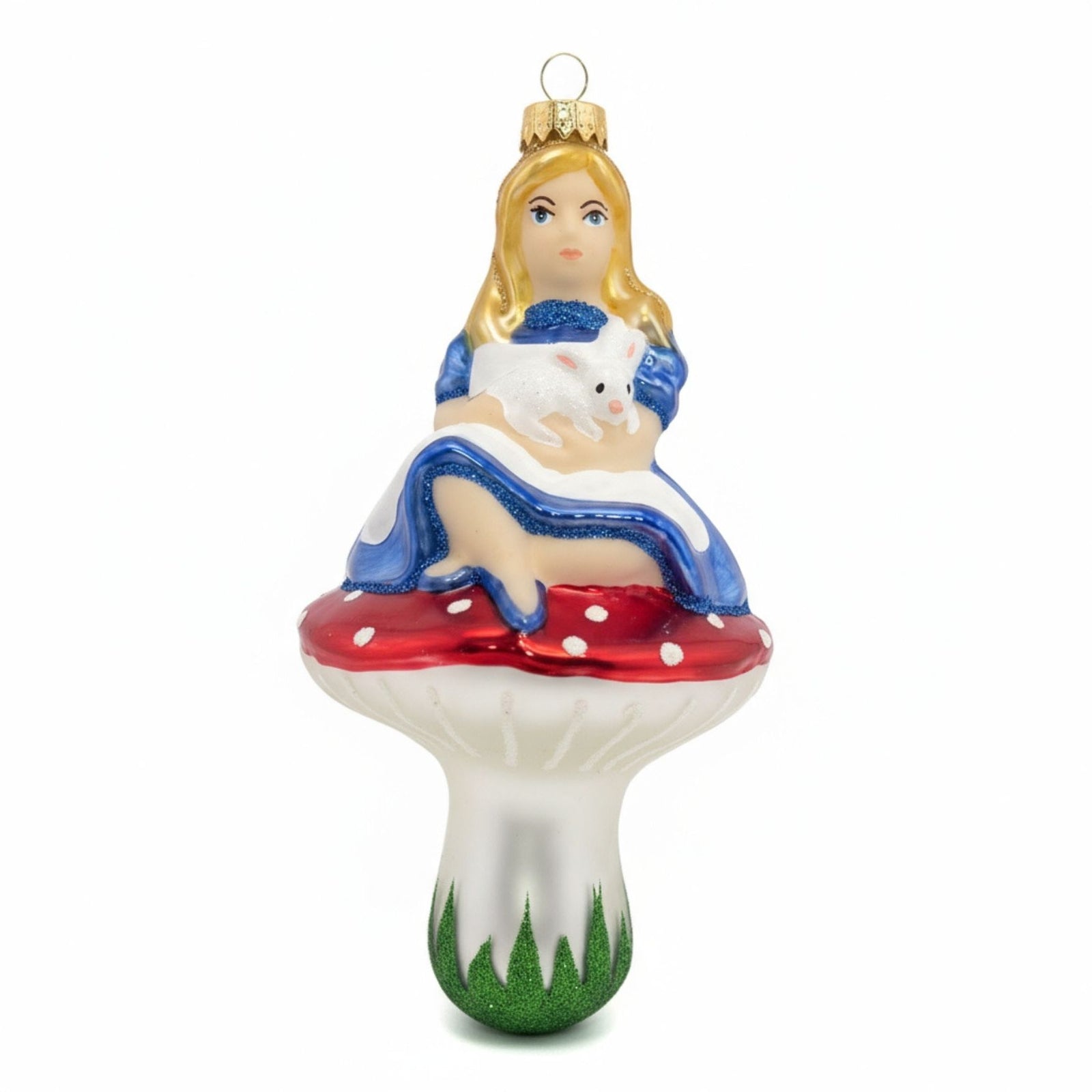 Alice sitting on a mushroom glass Christmas ornament by Edmo