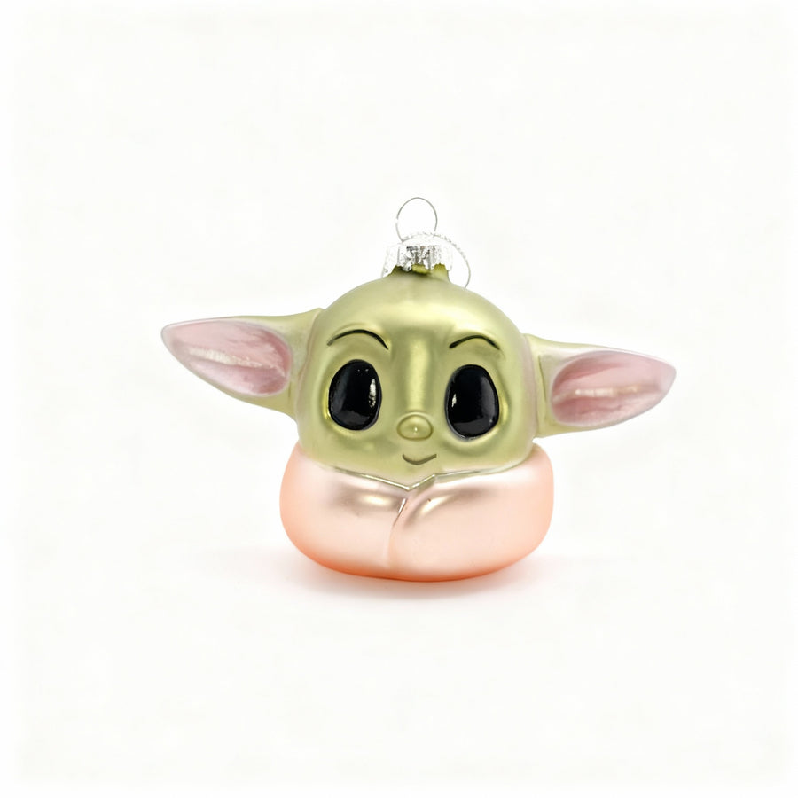 Baby Yoda Star Wars Christmas ornament on white background, glass decoration for Christmas tree, perfect for festive and elegant holiday décor.