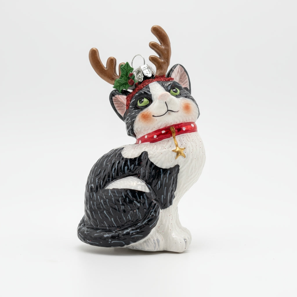 Black kitten with reindeer antlers hand-blown glass Christmas ornament by Edmo