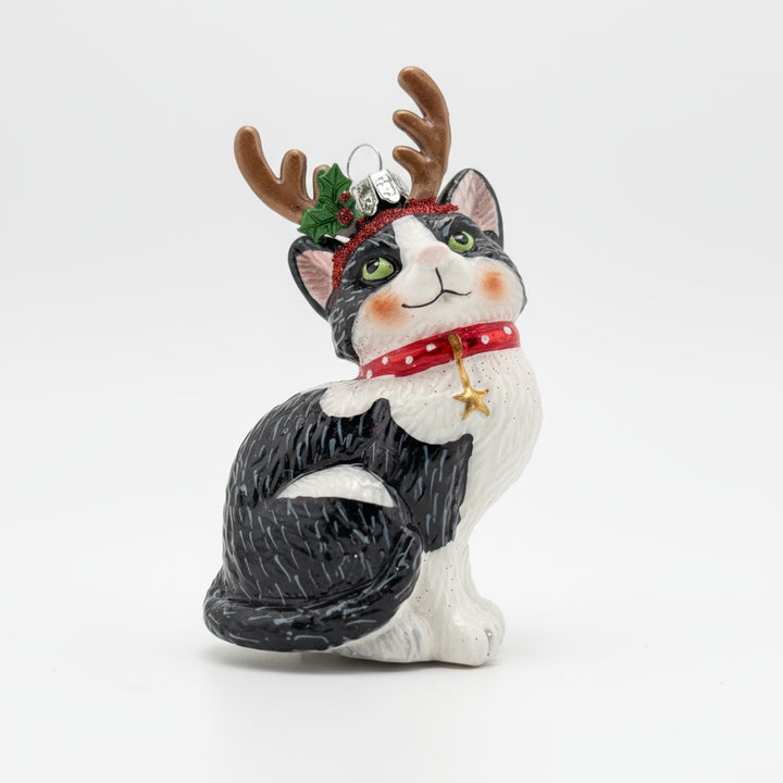 Black kitten with reindeer antlers hand-blown glass Christmas ornament by Edmo