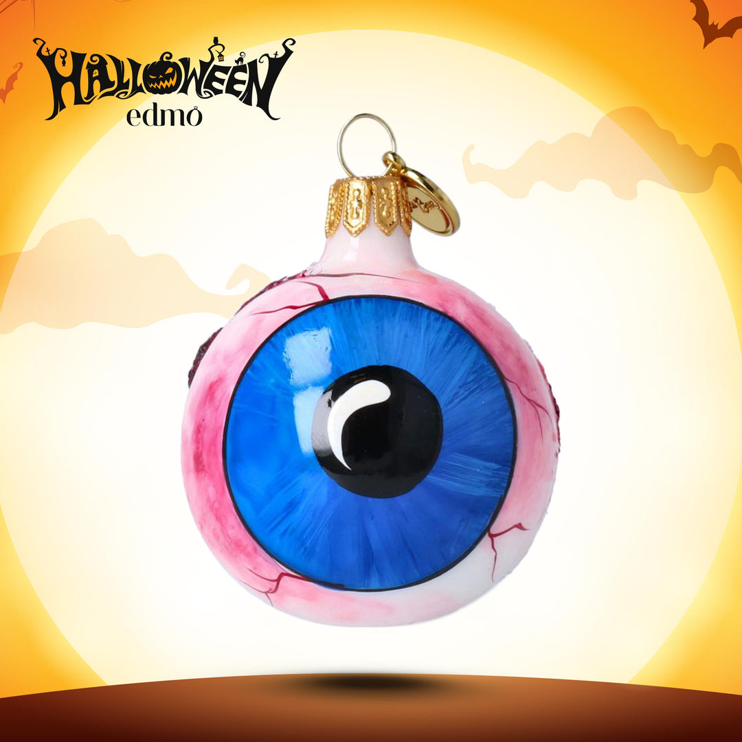 Creepy handmade glass eye ornament for Halloween tree, blue pupil with optic nerve detail