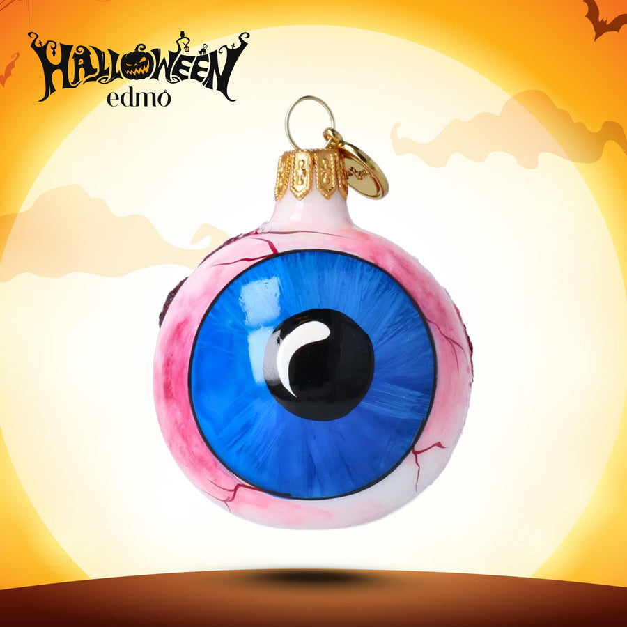 Creepy handmade glass eye ornament for Halloween tree, blue pupil with optic nerve detail