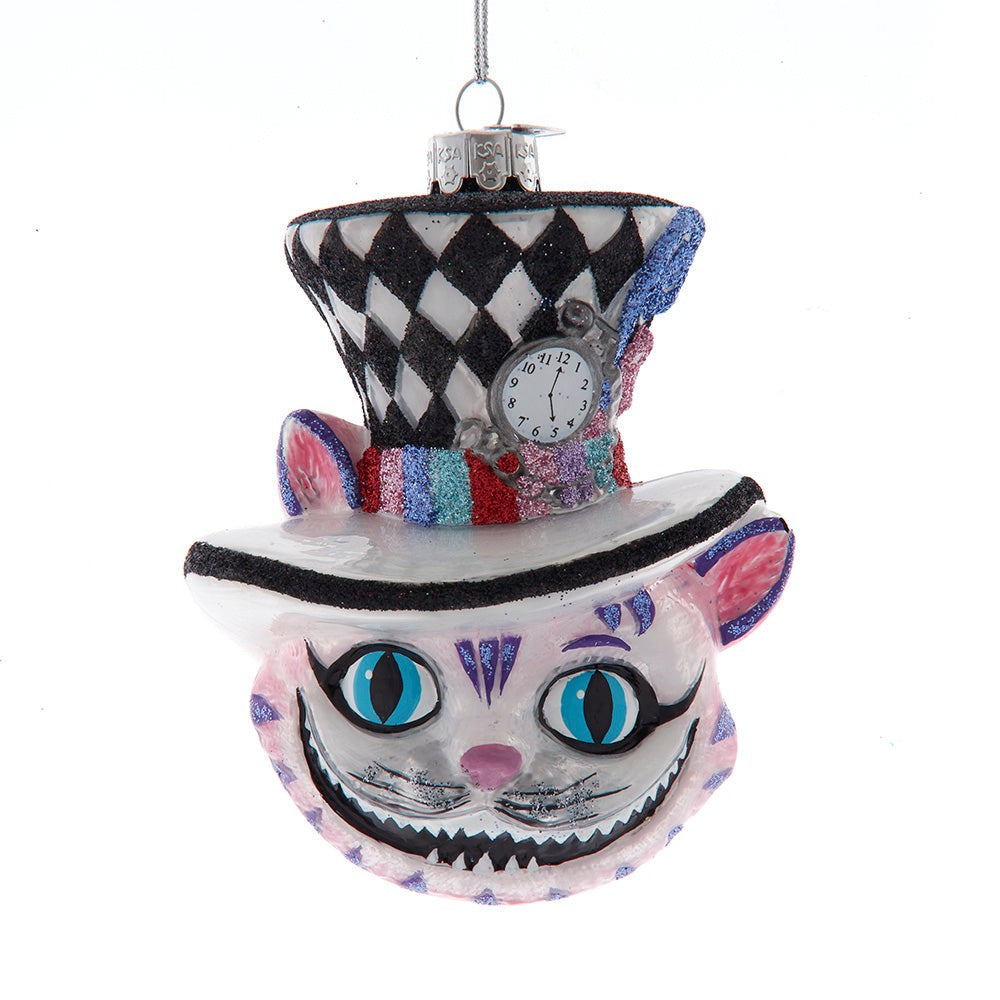 Front view of the Cheshire Cat hand-blown glass ornament head with signature wide grin.