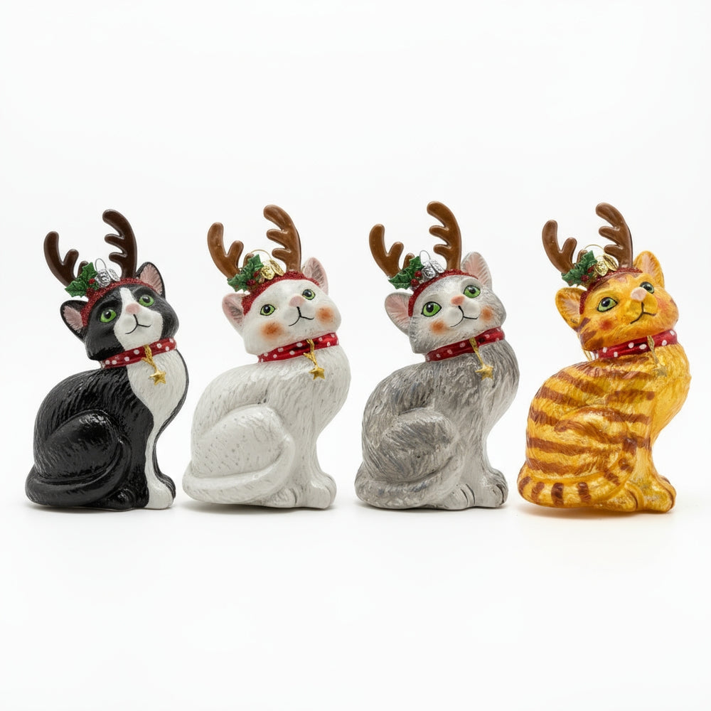 Set of four handmade glass Christmas ornaments featuring red, white, black, and gray kittens wearing reindeer antlers by Edmo