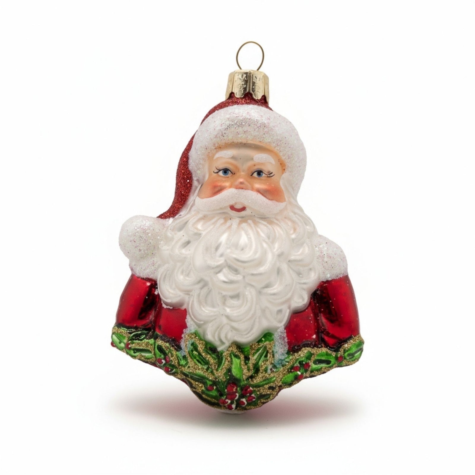 Hand-blown glass ornament depicting a classic Santa Claus bust.