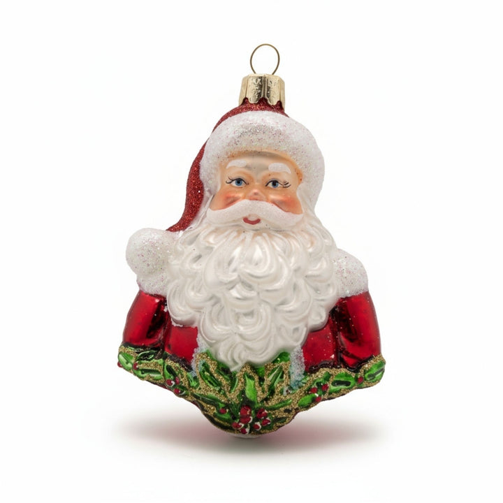 Hand-blown glass ornament depicting a classic Santa Claus bust.