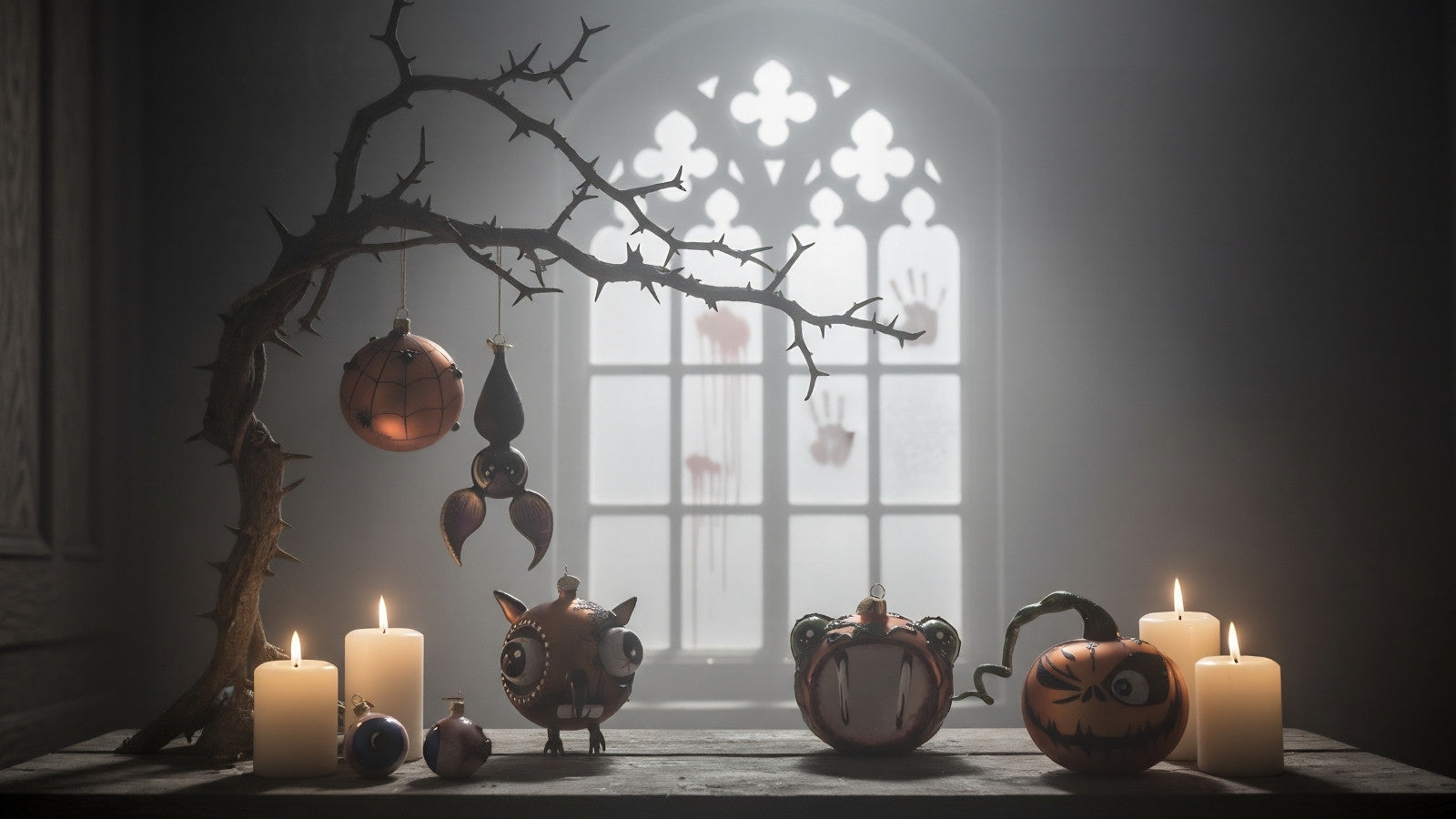 Collezione di decorazioni in vetro a tema Halloween realizzate a mano da artigiani polacchi, con palline mostruose, zucche spaventose, pipistrelli e bulbi oculari, disponibili su edmodecor.com
