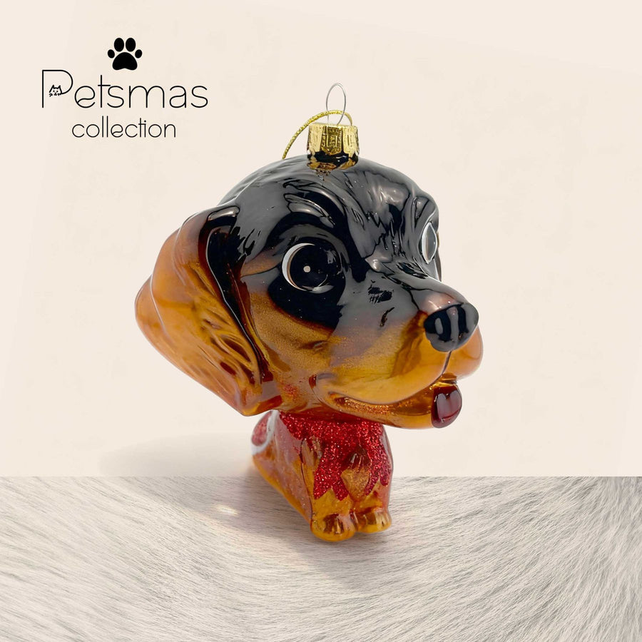 Dachshund Christmas glass ornament with enhanced shiny details, colorful holiday decoration