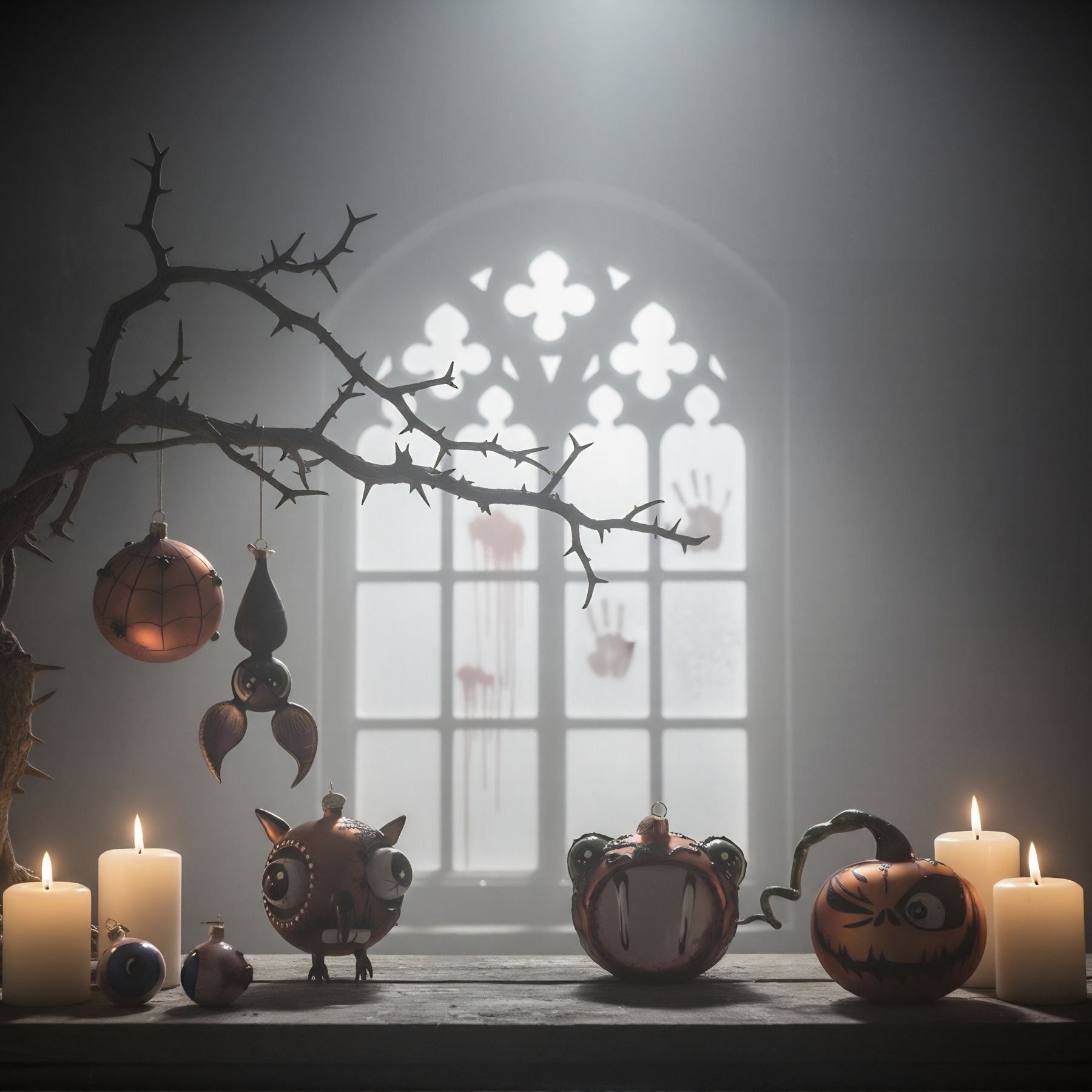 Set di decorazioni Halloween in vetro soffiato realizzate da artigiani polacchi, con zucche, pipistrelli e volti spaventosi, in vendita su Edmo per una decorazione elegante e stagionale.