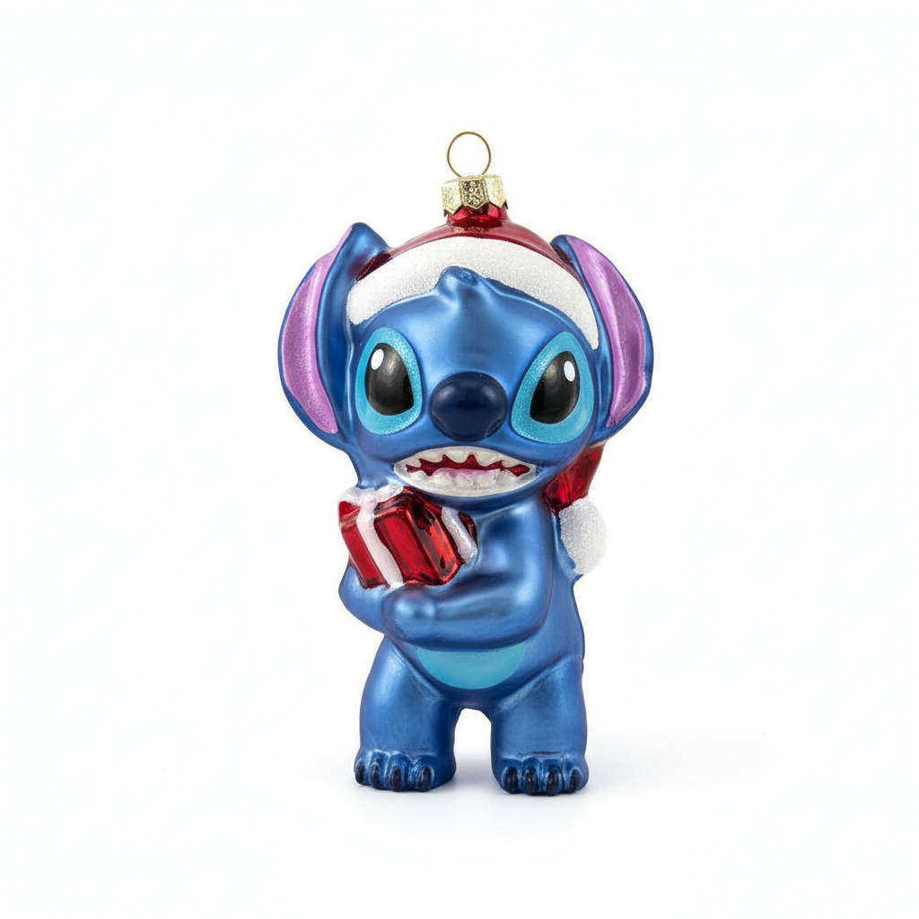 Disney glass Christmas ornament of Stitch wearing a Santa Claus hat and holding a red gift