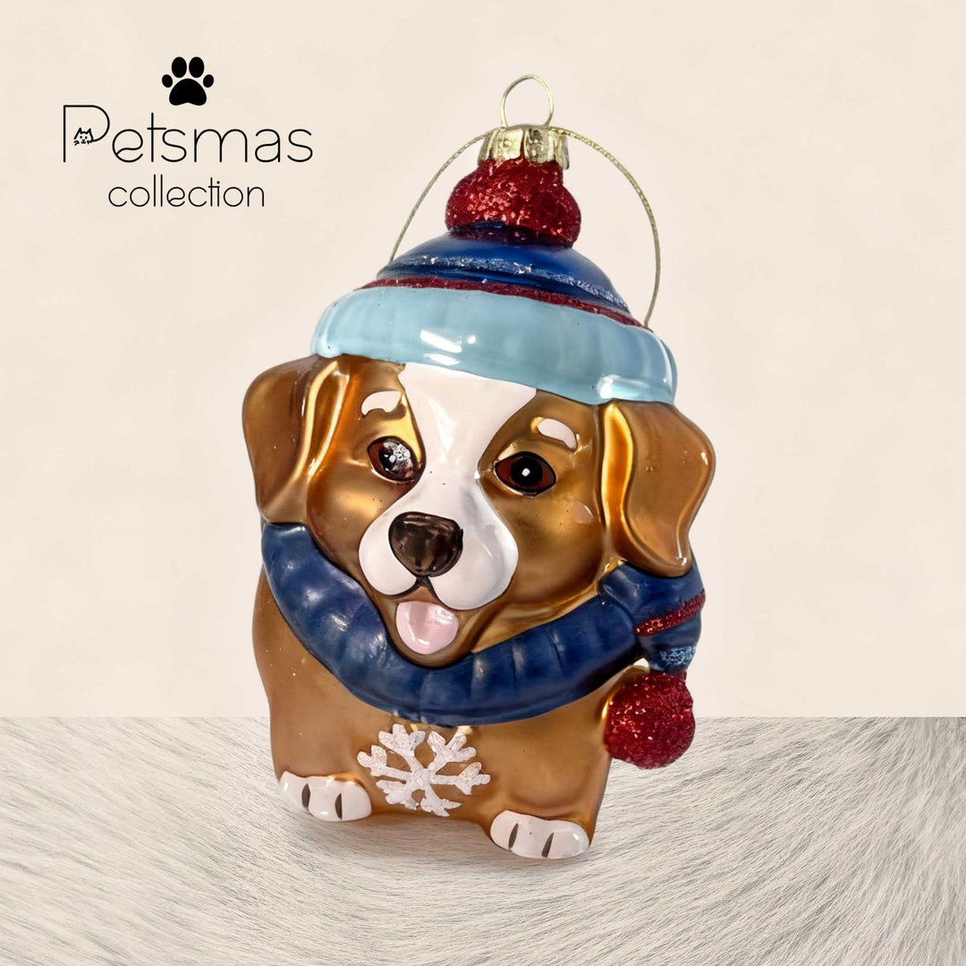 Exclusive glass dog ornament wearing festive scarf and hat, unique Christmas decoration