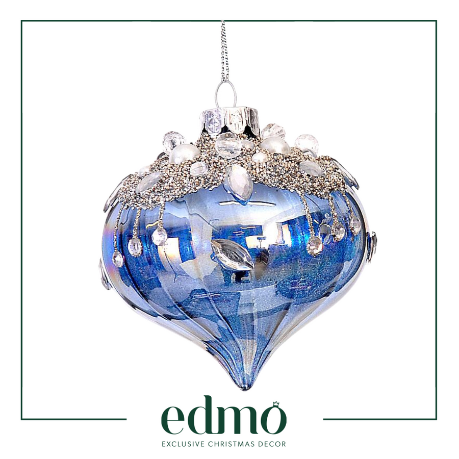 Blue Glass Onion with Strass - Glass Xmas Ornament - Handmade - Handcrafted