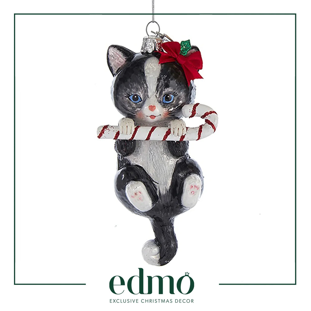 Cat With Candy Cane - Black Glass Xmas Ornament Handmade Handcrafted