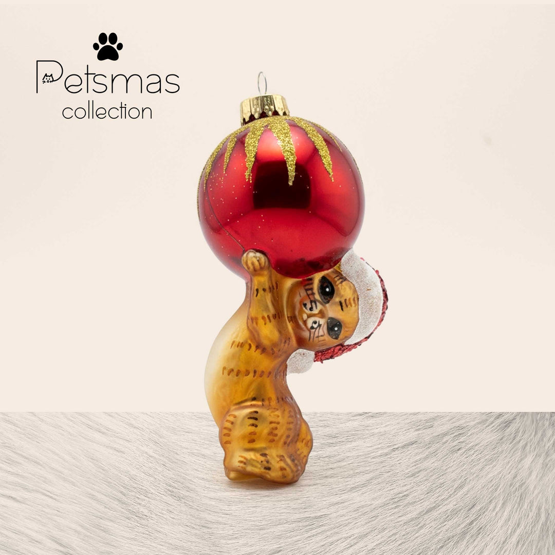 Artisan glass Christmas decoration of cute kitten playing with ornament ball