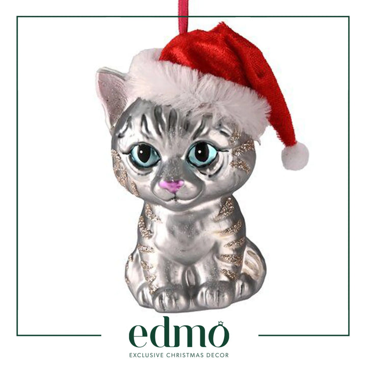 Cat With Xmas Hat - Glass Ornament Handmade Handcrafted