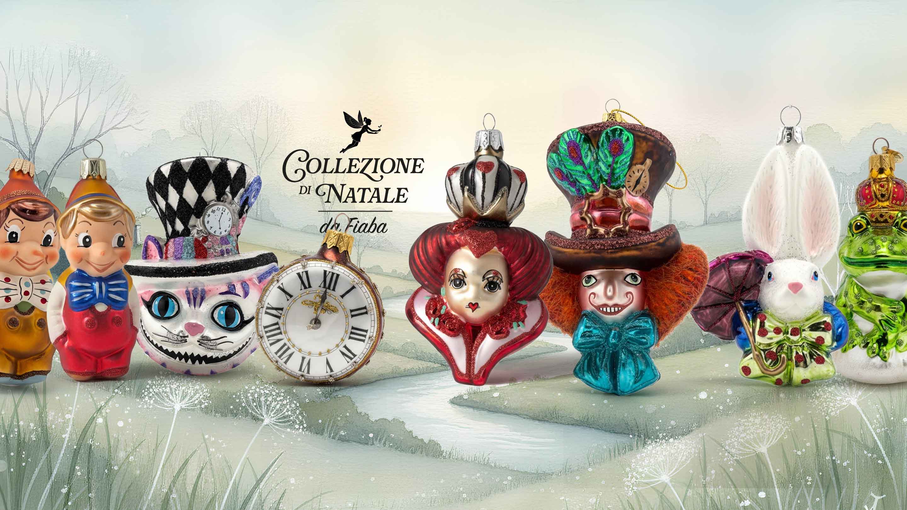 Decorazioni in vetro dipinte a mano della Collezione di Natale da Fiaba Edmo — ispirate a Biancaneve, Pinocchio e alle fiabe più amate.