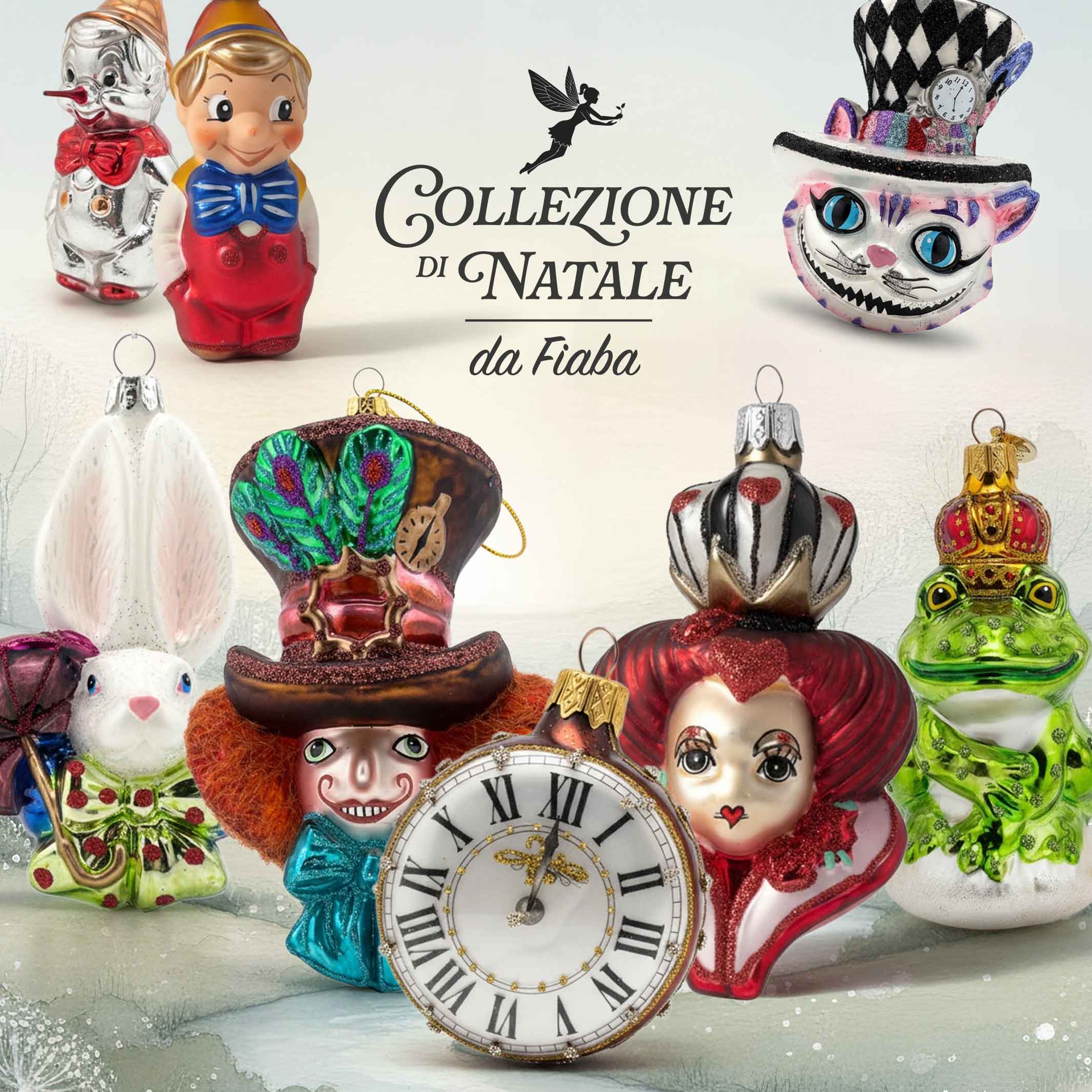 Collezione di Natale da Fiaba Edmo — decorazioni natalizie in vetro artigianali, dipinte e decorate a mano, ispirate alle fiabe classiche.