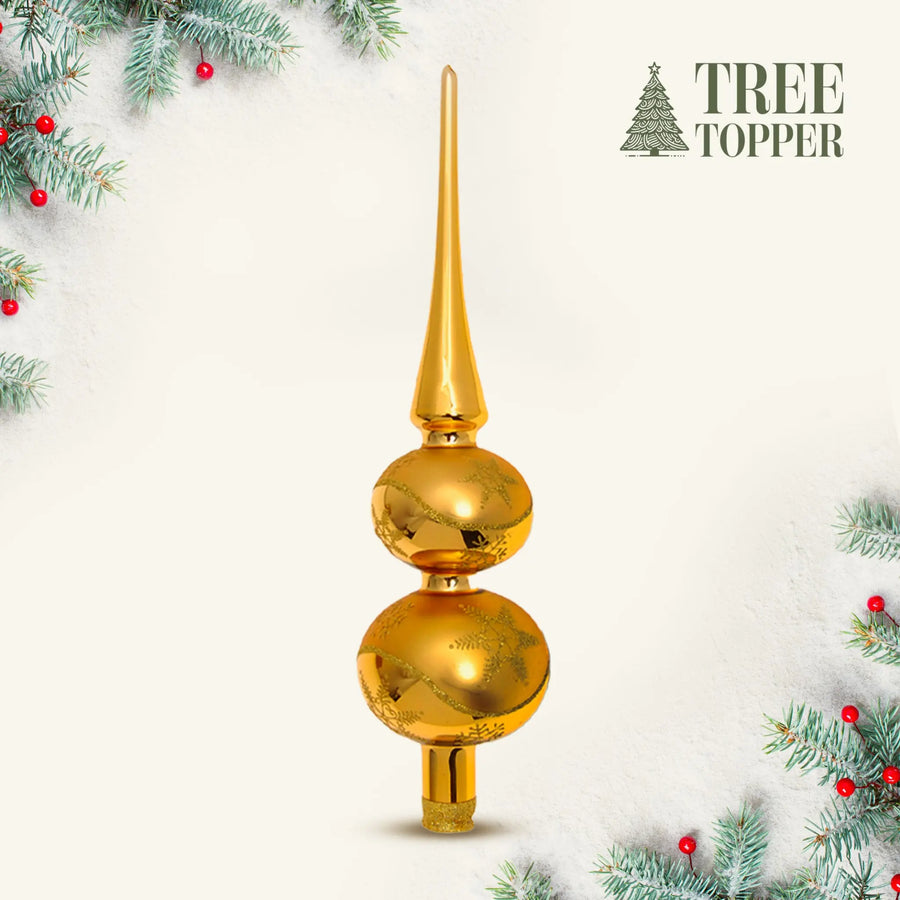 Double Ball Glass Tree Topper - Gold Xmas Ornament Handmade Handcrafted