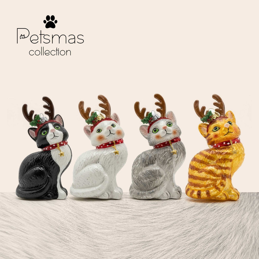 Artisan glass cat ornament with reindeer antlers by Edmo - handmade Christmas tree decoration