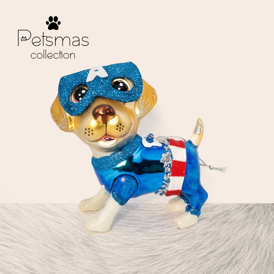 Handcrafted glass Dachshund superhero ornament by Edmo - artisan Captain America dog Christmas decoration