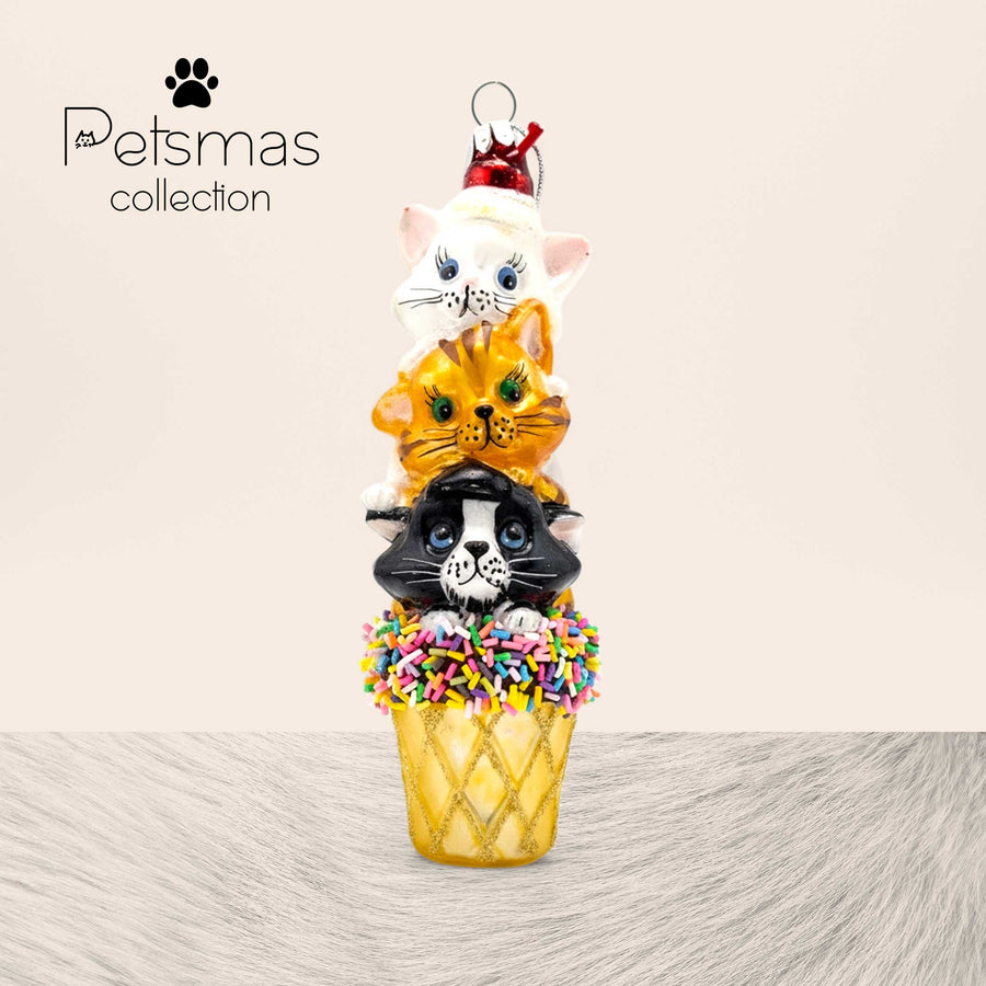 Hand-blown glass ornament with three stacked kittens in ice cream cone by Edmo - unique Christmas decoration