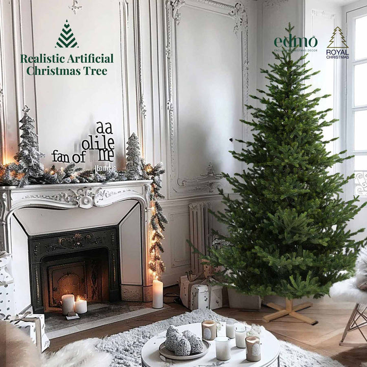 Artificial Christmas tree with sturdy stand, full branches, and realistic holiday look