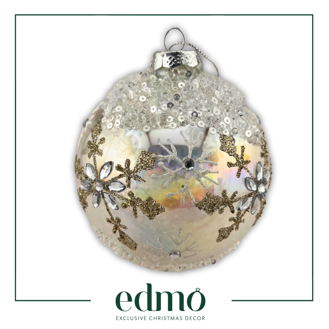 Iridescent Clear Ball with Crystals and Snowflakes - Glass Xmas Ornament - Handmade - Handcrafted