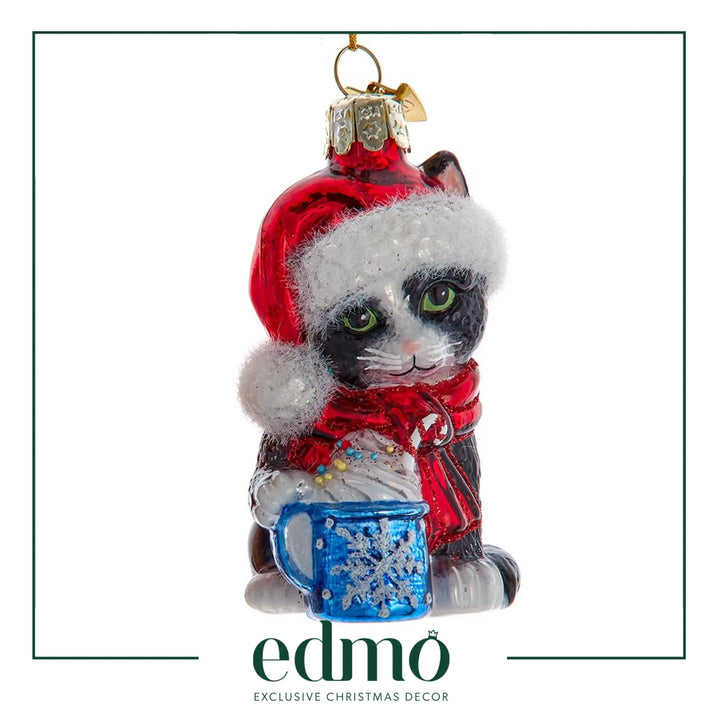 Kitten With Hot Coco - Black Glass Xmas Ornament Handmade Handcrafted