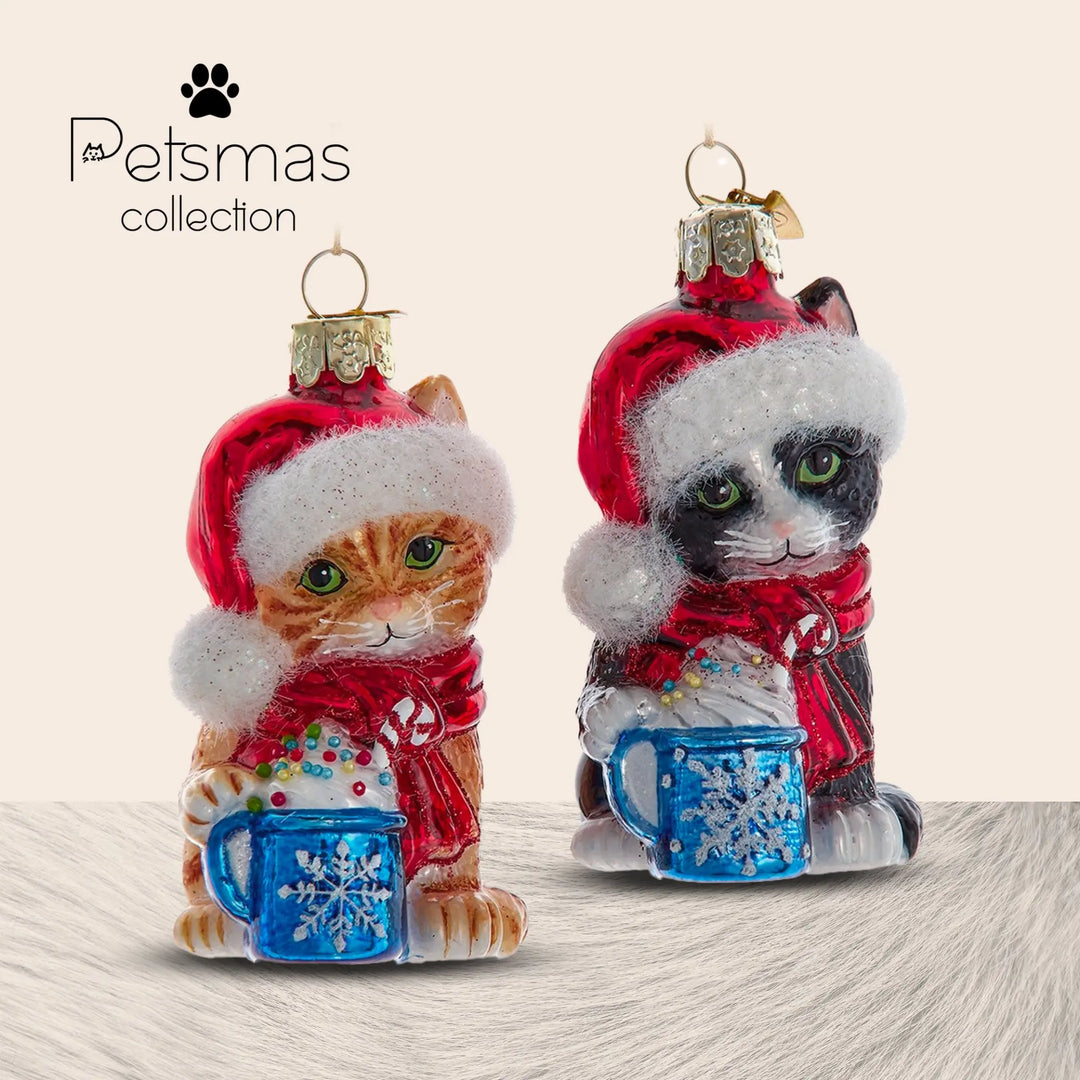 Kitten With Hot Coco - Glass Xmas Ornament Handmade Handcrafted