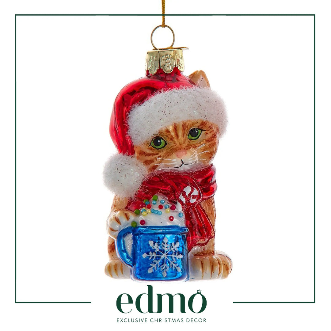 Kitten With Hot Coco - Orange Glass Xmas Ornament Handmade Handcrafted