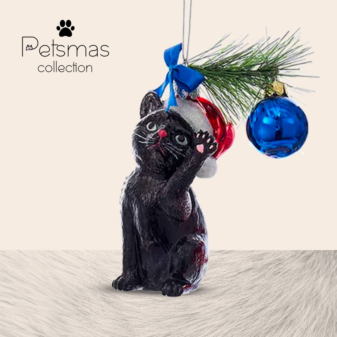 Kitten Plays with a Christmas Ball - Black - Glass Xmas Ornament - Handmade - Handcrafted