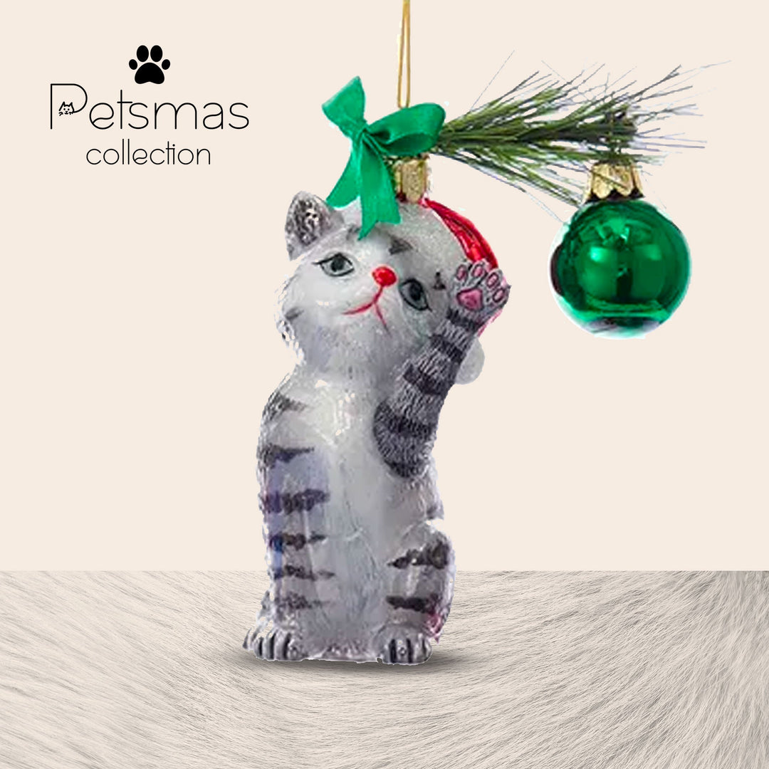 Kitten Plays with a Christmas Ball - Gray - Glass Xmas Ornament - Handmade - Handcrafted