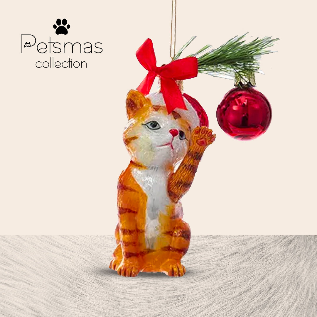 Kitten Plays with a Christmas Ball - Orange - Glass Xmas Ornament - Handmade - Handcrafted