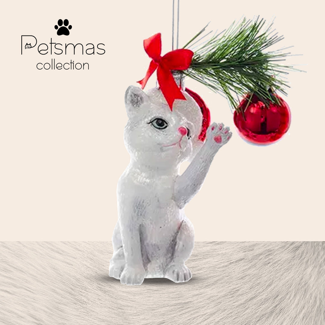 Kitten Plays with a Christmas Ball - White - Glass Xmas Ornament - Handmade - Handcrafted