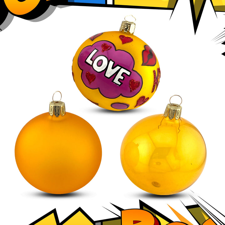 Pop Art Christmas Bubbles - Set ?Love’ - Glass Xmas Ornament - Handmade - Handcrafted