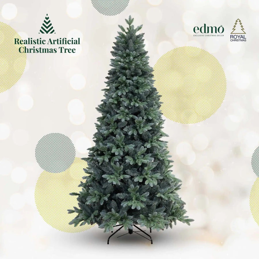 Realistic Silver Blue Spruce artificial Christmas tree by Edmo, full height display with natural-looking dual-tone blue-green needles, perfect for elegant holiday decorations in living rooms or entryways