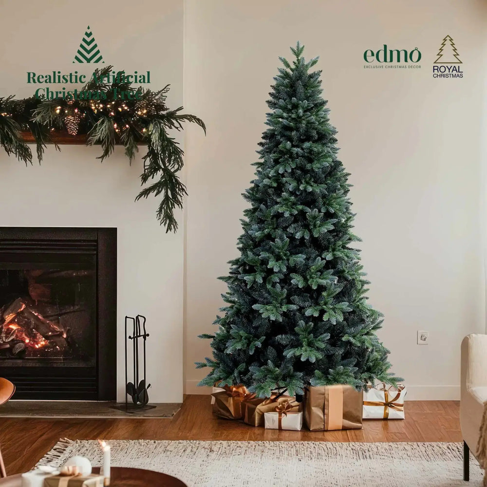 Edmo's Silver Blue Spruce Christmas tree elegantly displayed in a beautifully decorated living room, showcasing how the silver-blue hues of the branches complement modern home interiors and create a festive atmosphere