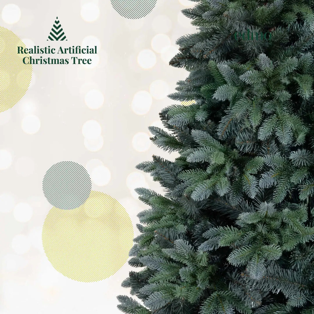 Sturdy and stable base of the Edmo Silver Blue Spruce artificial Christmas tree, easy to assemble, with full lower branches that naturally conceal the stand for flawless aesthetics
