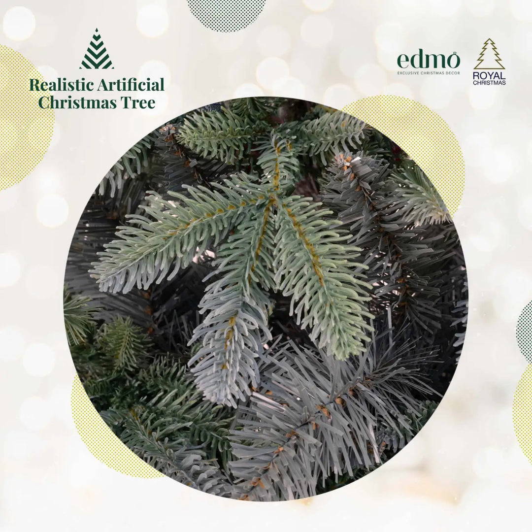 Close-up detail of Edmo's Silver Blue Spruce tree branches featuring high-quality artificial needles in blue-green tones, dense and realistic structure that perfectly mimics a genuine blue spruce