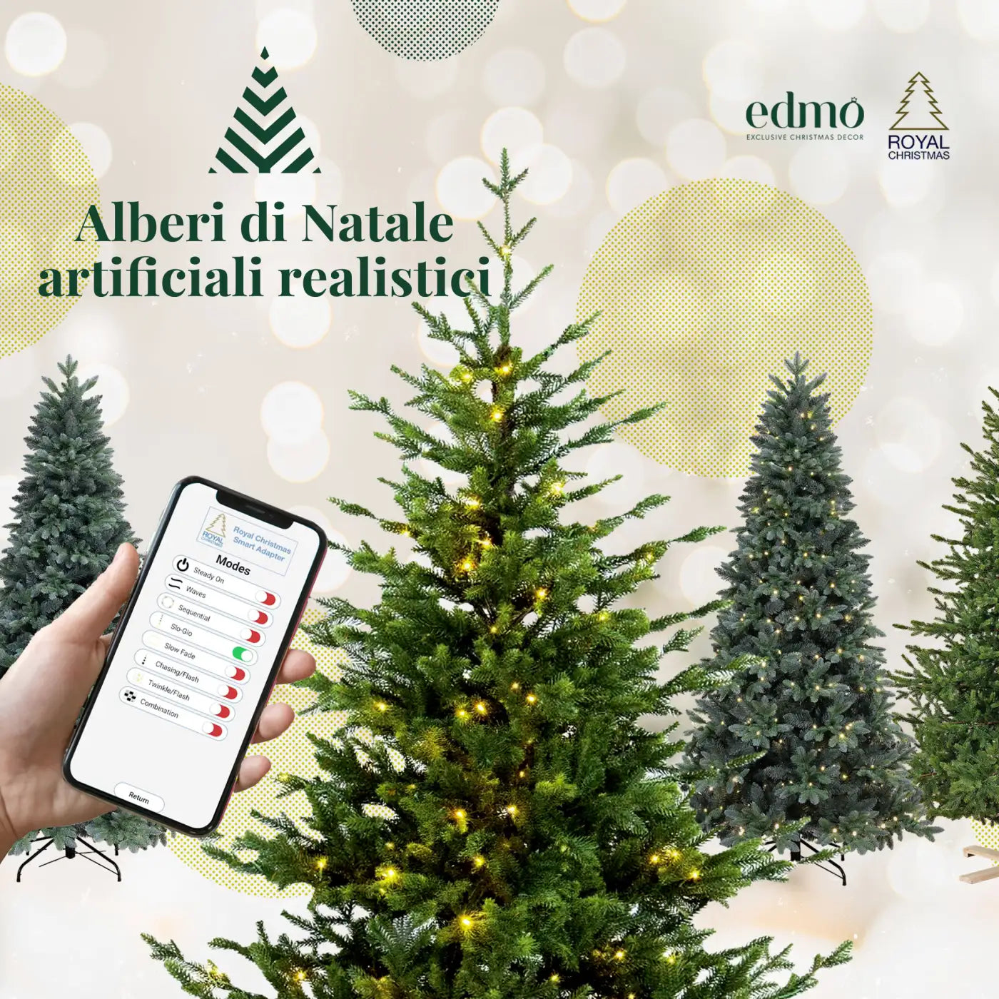 Collezione Alberi di Natale Artificiali Realistici: Dettagliata selezione di abeti e pini artificiali dall'aspetto naturale, riproduzione fedele delle essenze forestali per un Natale autentico e suggestivo.
