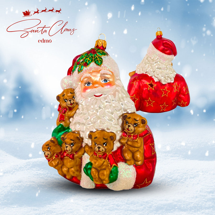 Santa Claus with Bears - Glass Xmas Ornament - Handmade - Handcrafted