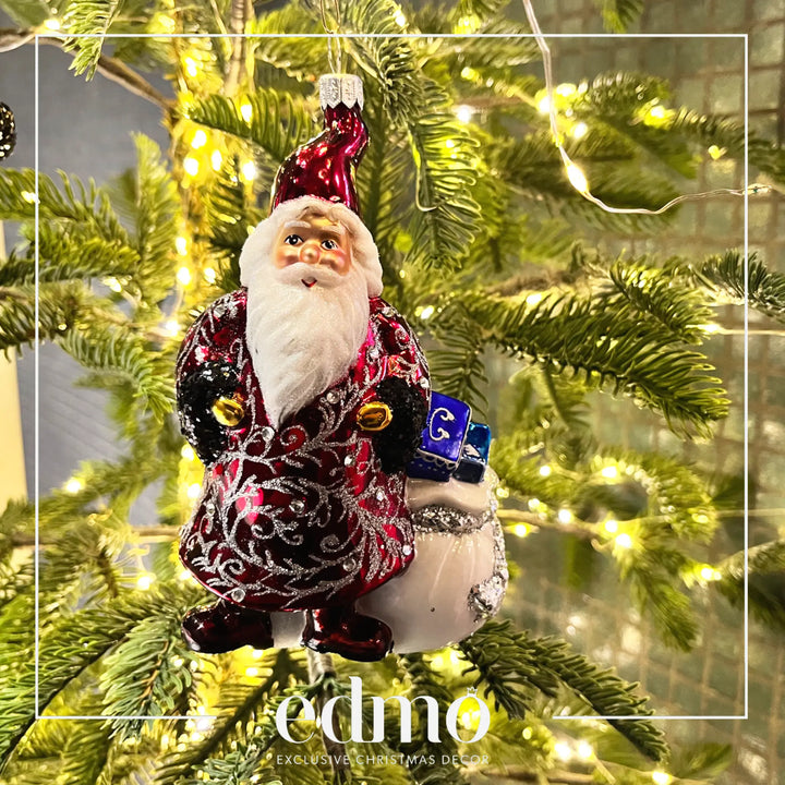 Santa with a Gift Bag - Glass Xmas Ornament - Handmade - Handcrafted